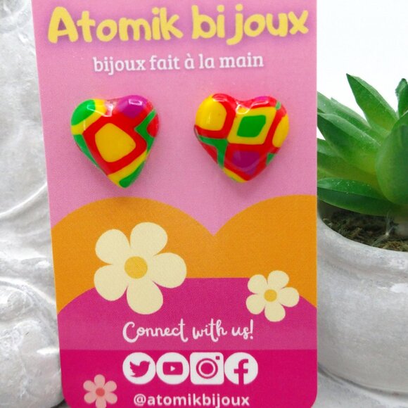 Handmade multi-color polymer clay earrings. Boucles d'oreilles fait à la main - Picture 3 of 6